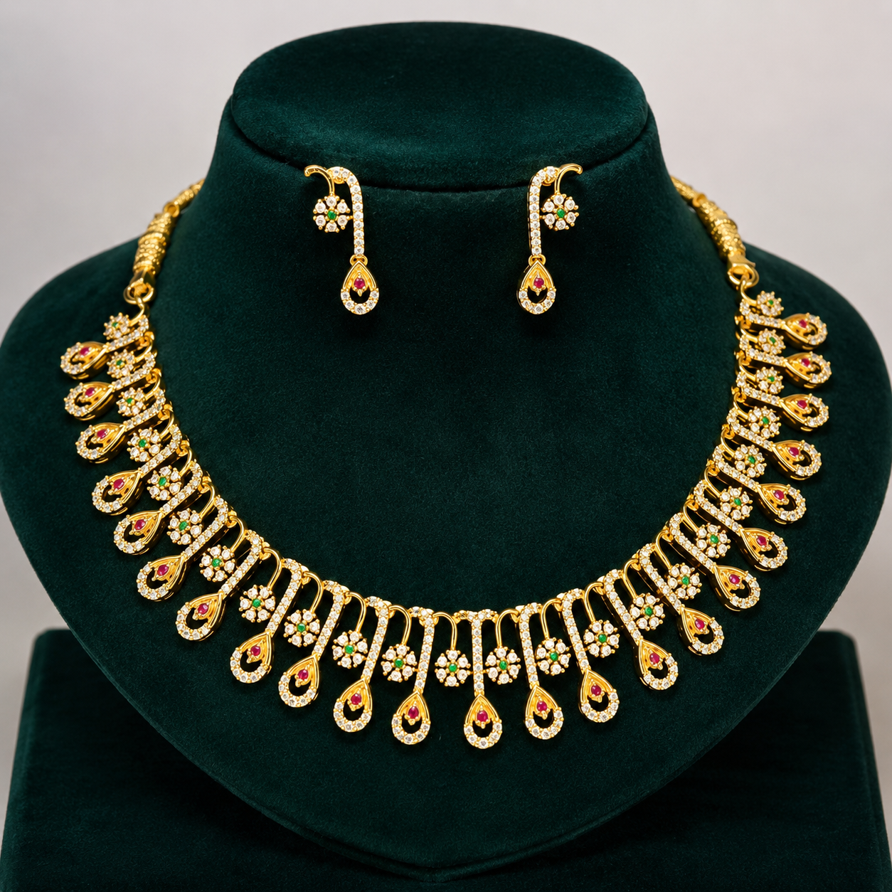 Traditional CZ Ruby & Green Teardrop Necklace Set with Matching Earrings