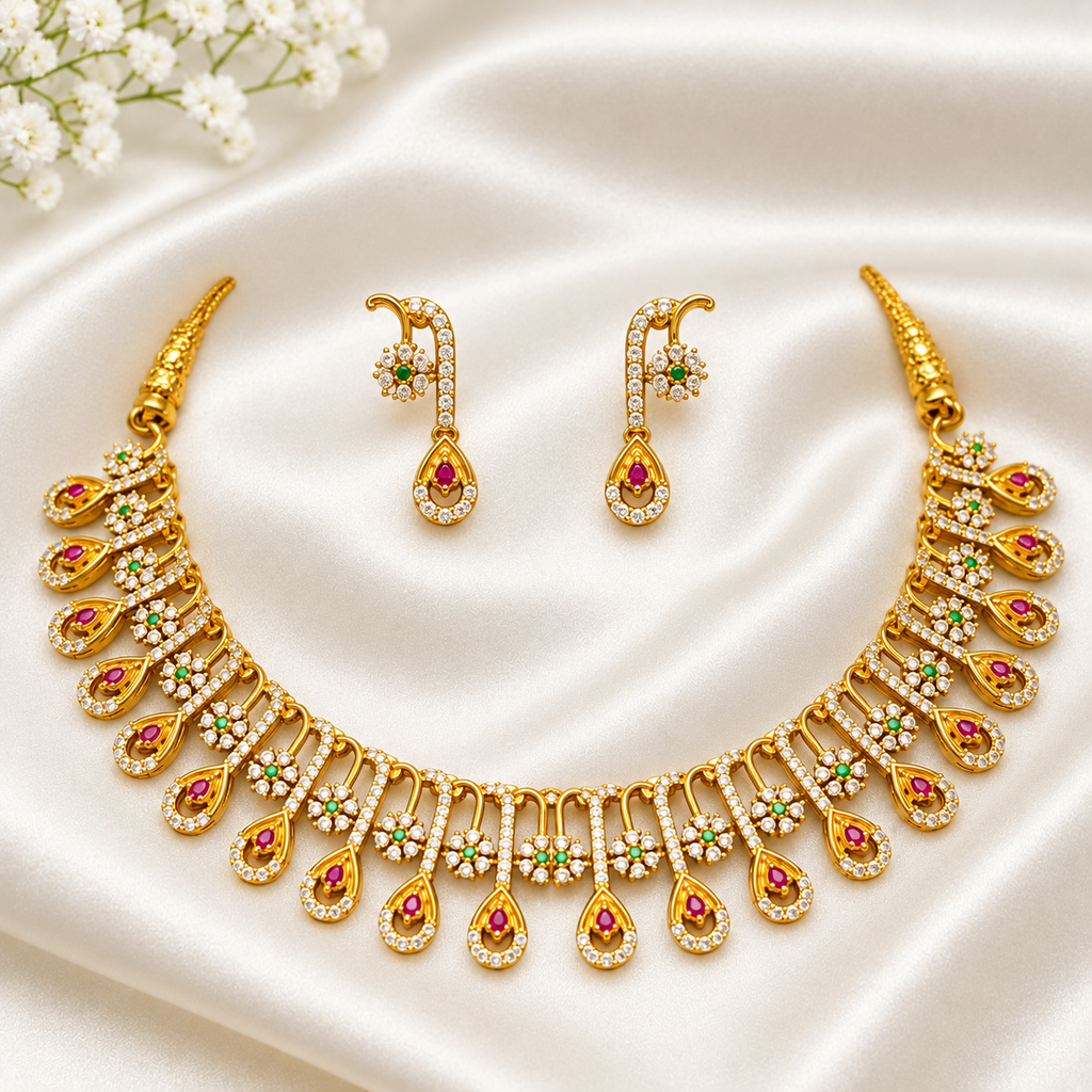 Traditional CZ Ruby & Green Teardrop Necklace Set with Matching Earrings
