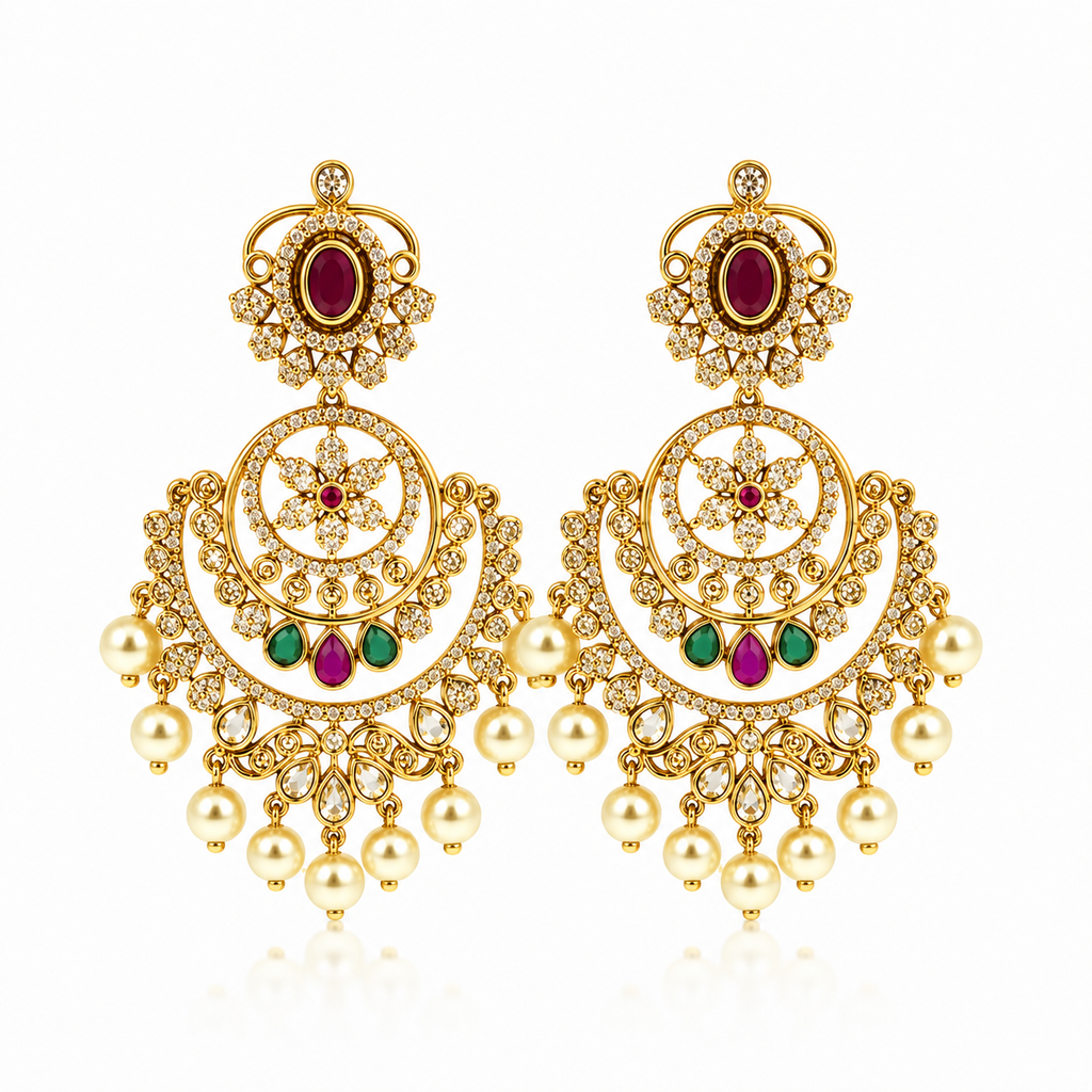 Antique Gold Chandbali Jhumka Earrings with Ruby, Emerald & Pearl Drops