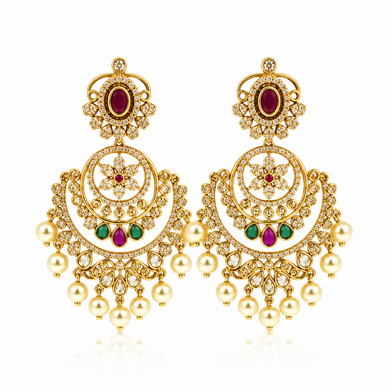 Antique Gold Chandbali Jhumka Earrings with Ruby, Emerald & Pearl Drops