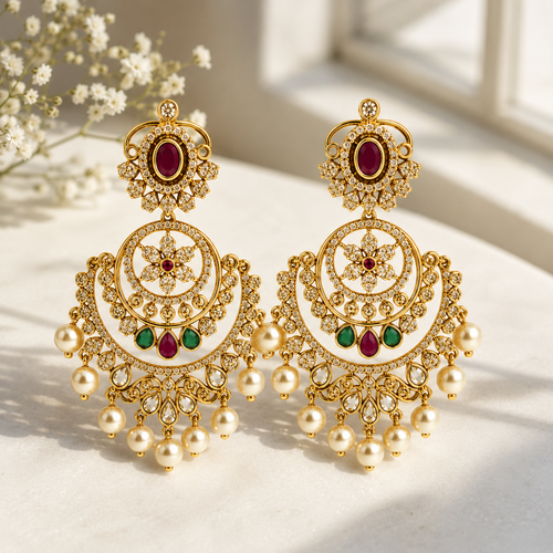 Antique Gold Chandbali Jhumka Earrings with Ruby, Emerald & Pearl Drops