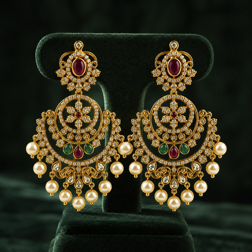 Antique Gold Chandbali Jhumka Earrings with Ruby, Emerald & Pearl Drops