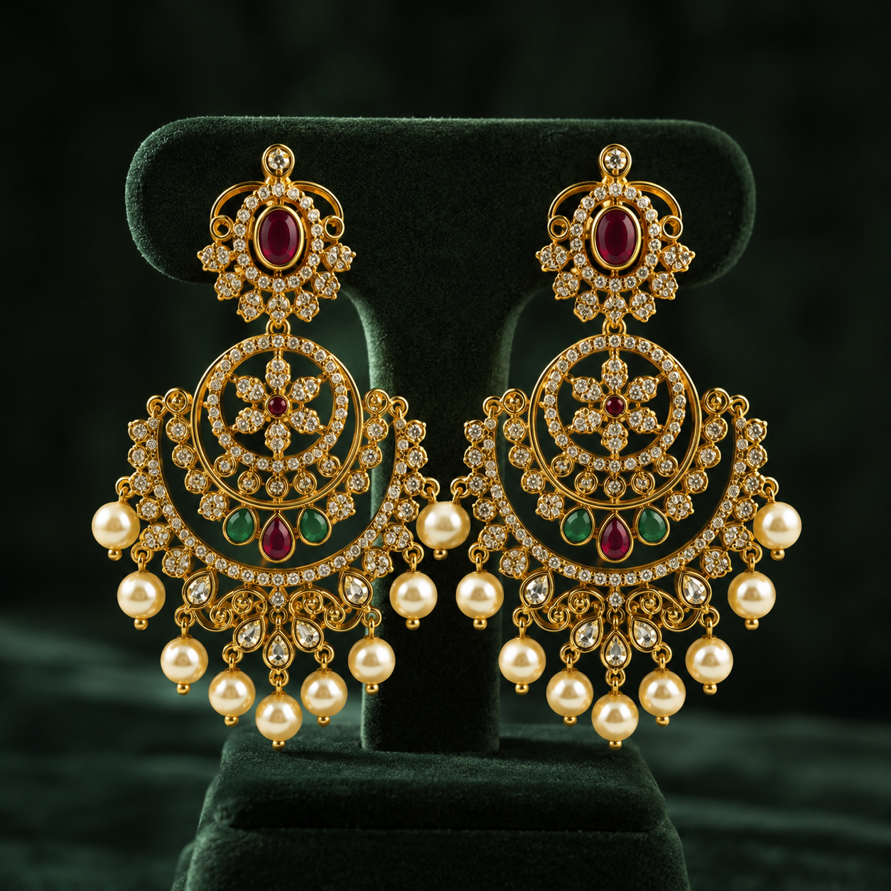 Antique Gold Chandbali Jhumka Earrings with Ruby, Emerald & Pearl Drops