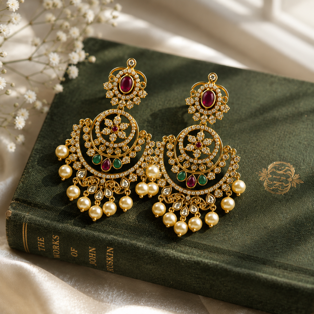 Antique Gold Chandbali Jhumka Earrings with Ruby, Emerald & Pearl Drops