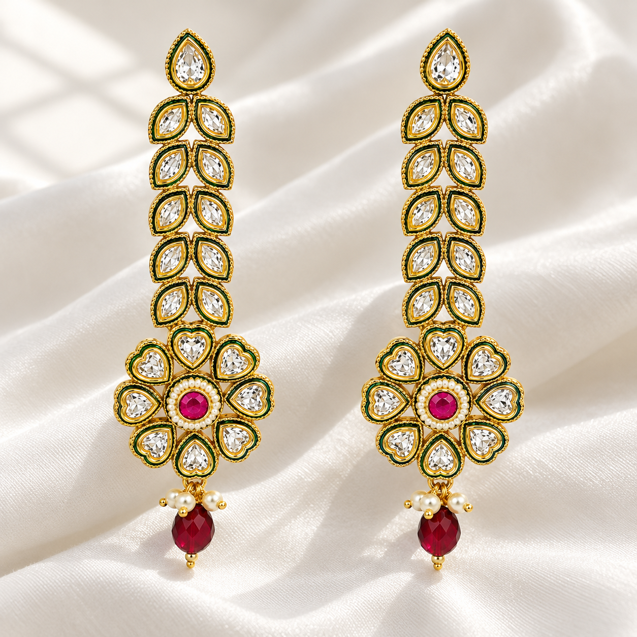 Antique Polki Kundan Long Drop Earrings with Ruby Accent
