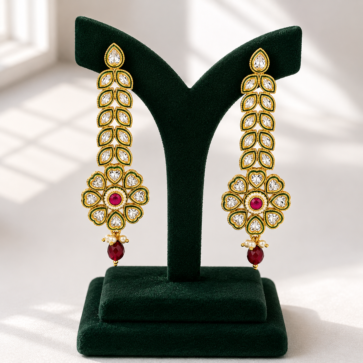 Antique Polki Kundan Long Drop Earrings with Ruby Accent