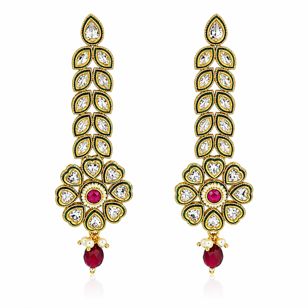 Antique Polki Kundan Long Drop Earrings with Ruby Accent
