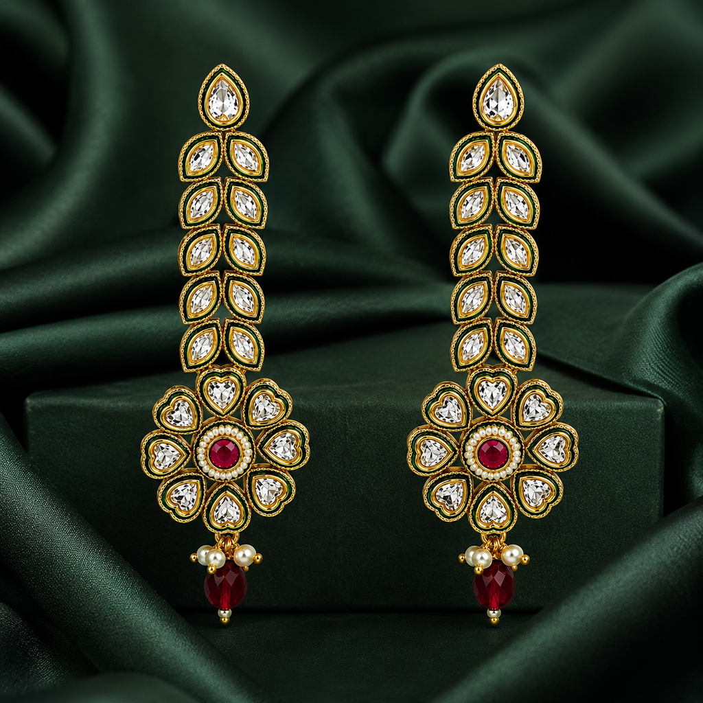 Antique Polki Kundan Long Drop Earrings with Ruby Accent
