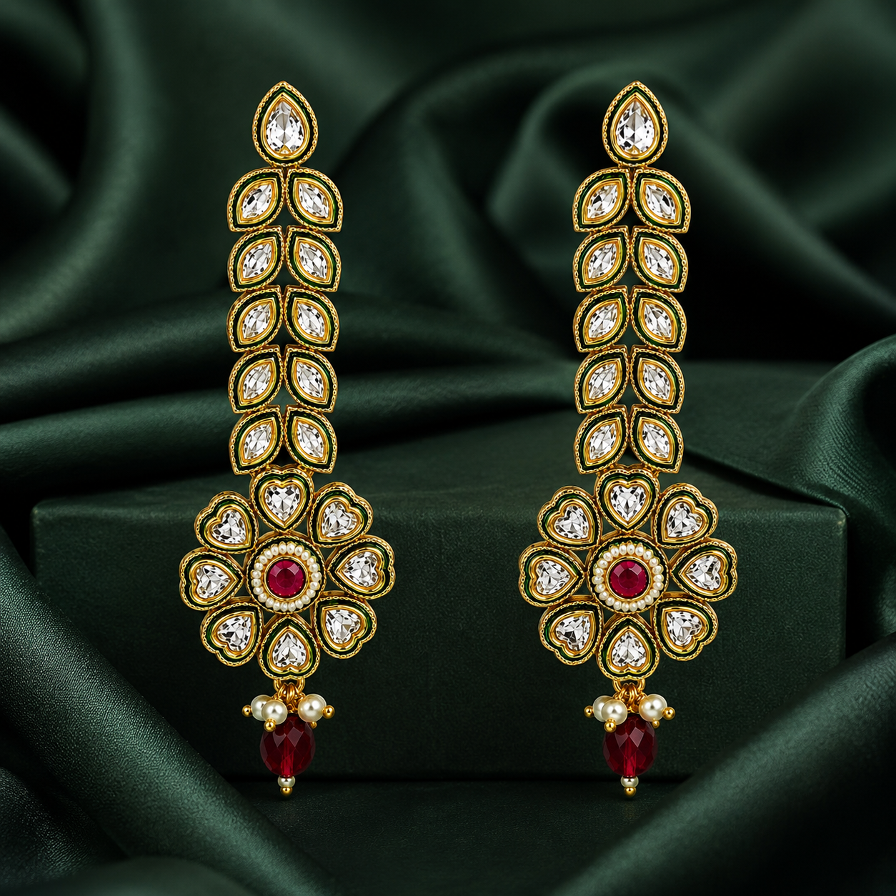 Antique Polki Kundan Long Drop Earrings with Ruby Accent