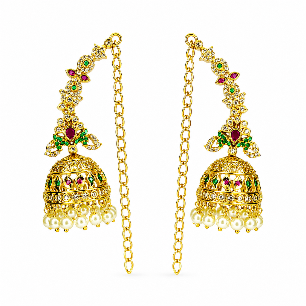 Traditional Antique Gold Temple Jhumka Earrings with Ear Chain & Pearl Drops