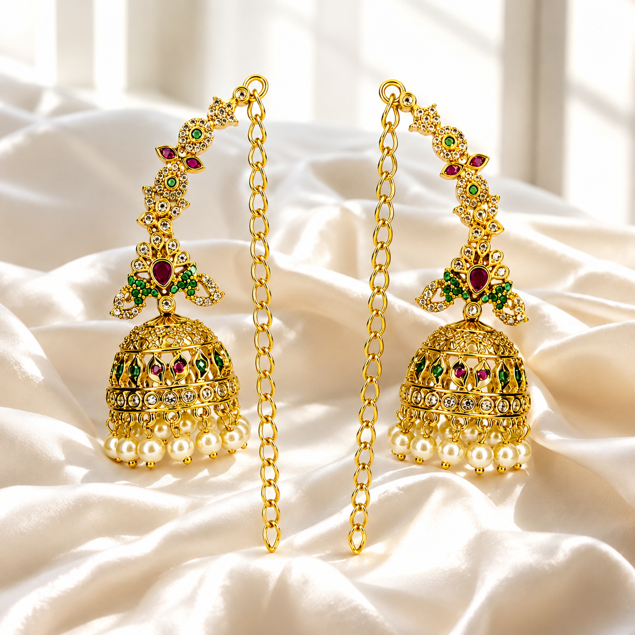 Traditional Antique Gold Temple Jhumka Earrings with Ear Chain & Pearl Drops