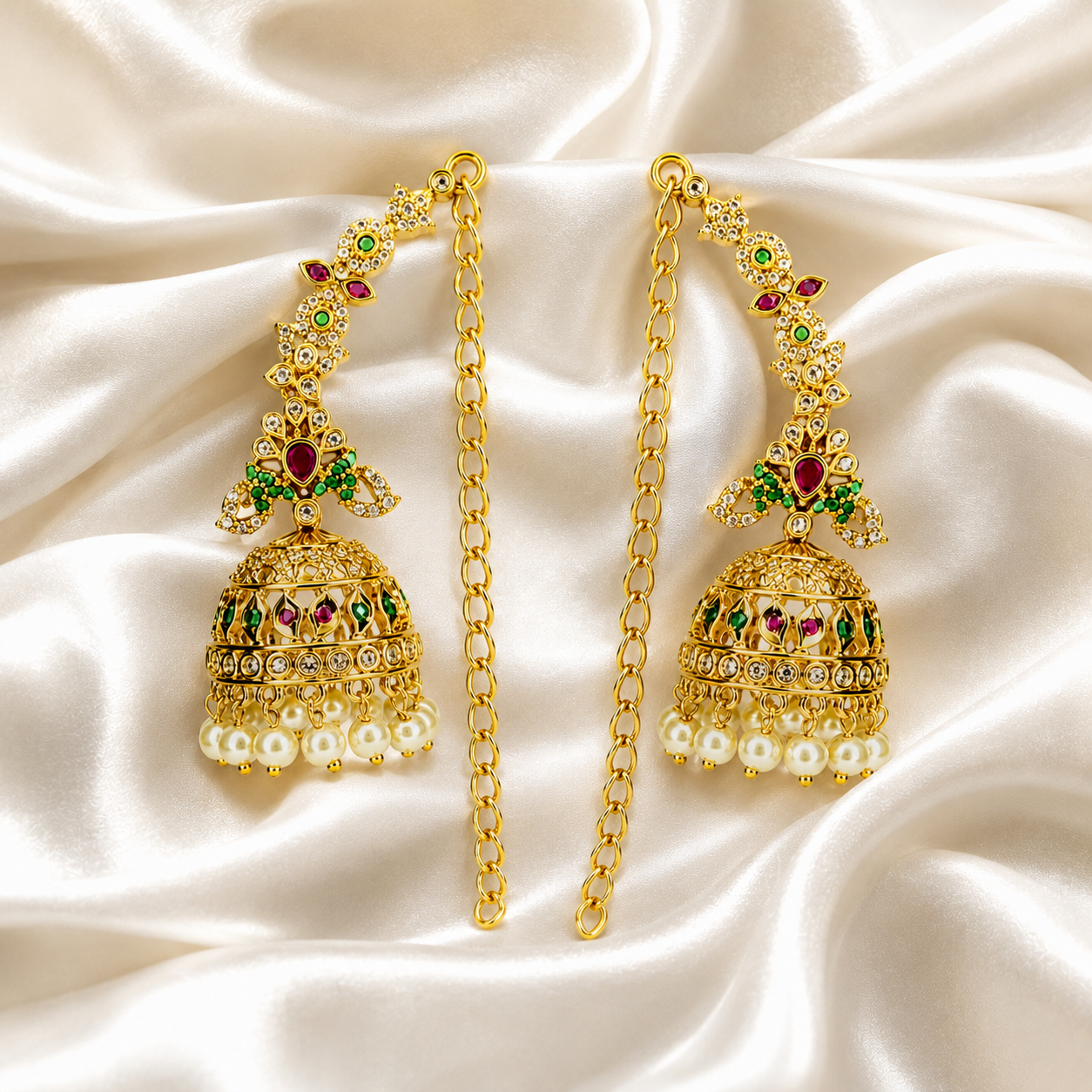 Traditional Antique Gold Temple Jhumka Earrings with Ear Chain & Pearl Drops