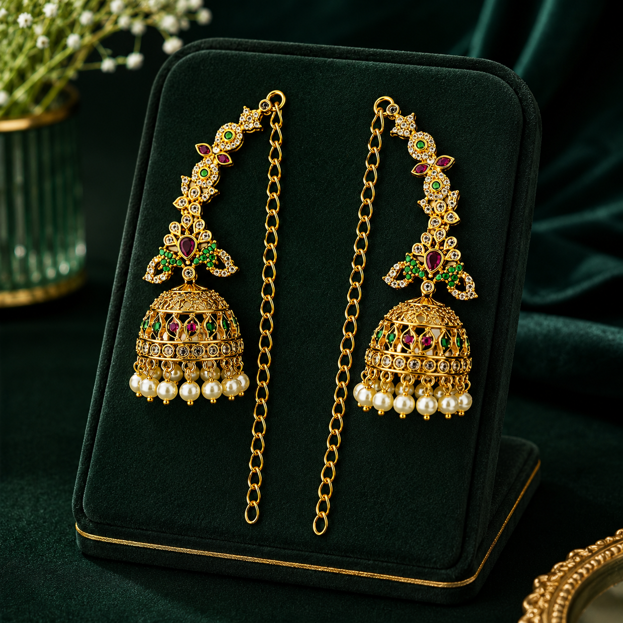 Traditional Antique Gold Temple Jhumka Earrings with Ear Chain & Pearl Drops