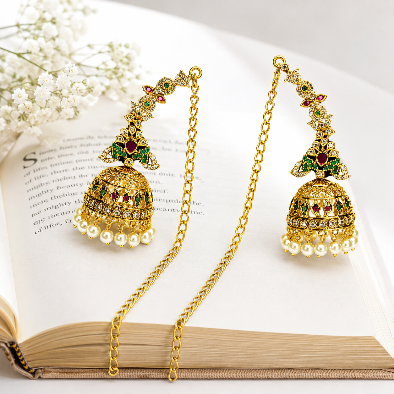 Traditional Antique Gold Temple Jhumka Earrings with Ear Chain & Pearl Drops