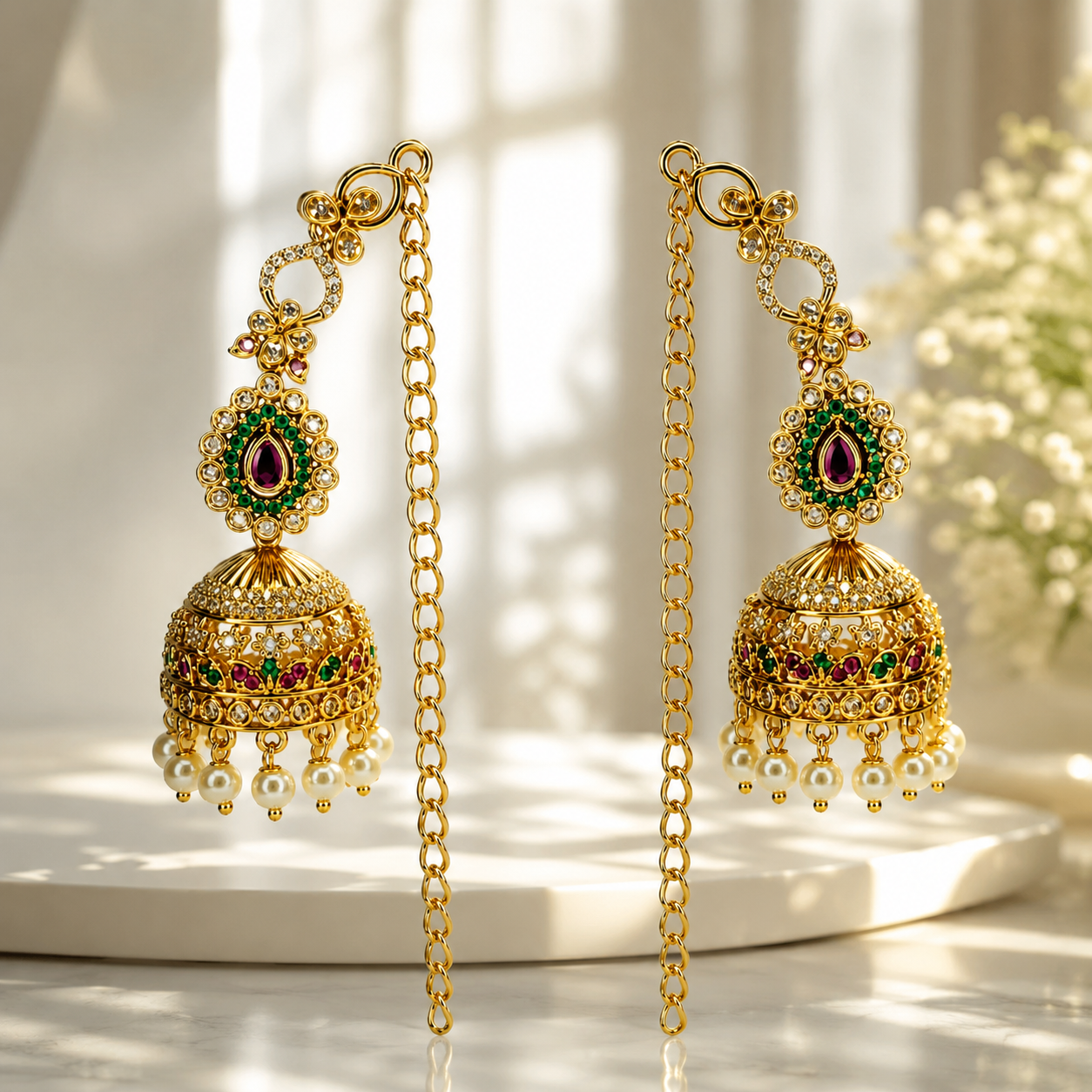 Antique Gold Kundan Pearl Jhumka Earrings with Sahara Ear Chain