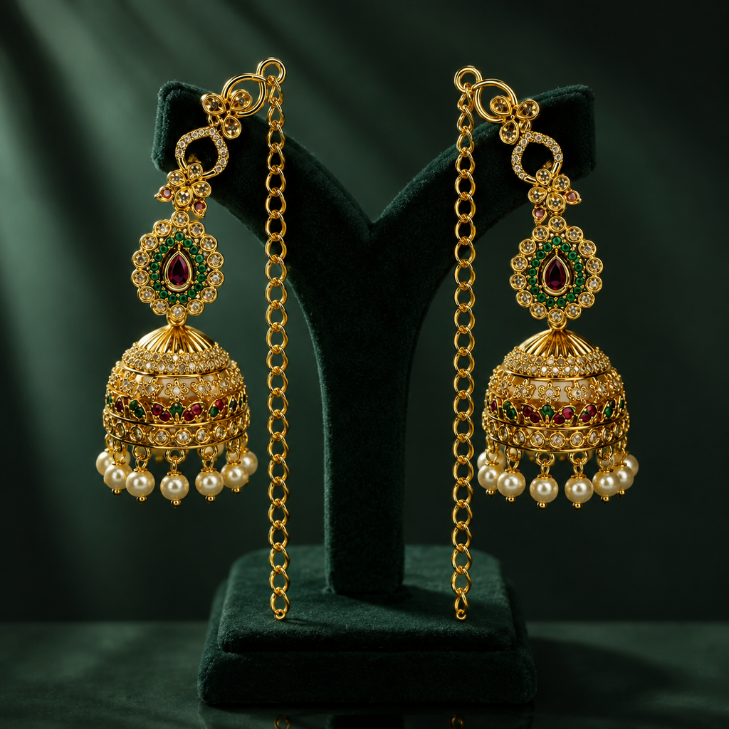 Antique Gold Kundan Pearl Jhumka Earrings with Sahara Ear Chain