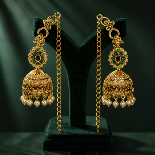 Antique Gold Kundan Pearl Jhumka Earrings with Sahara Ear Chain