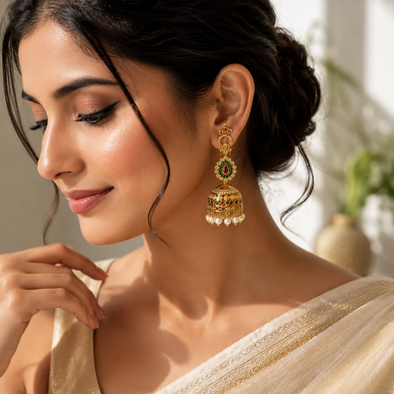 Antique Gold Kundan Pearl Jhumka Earrings with Sahara Ear Chain