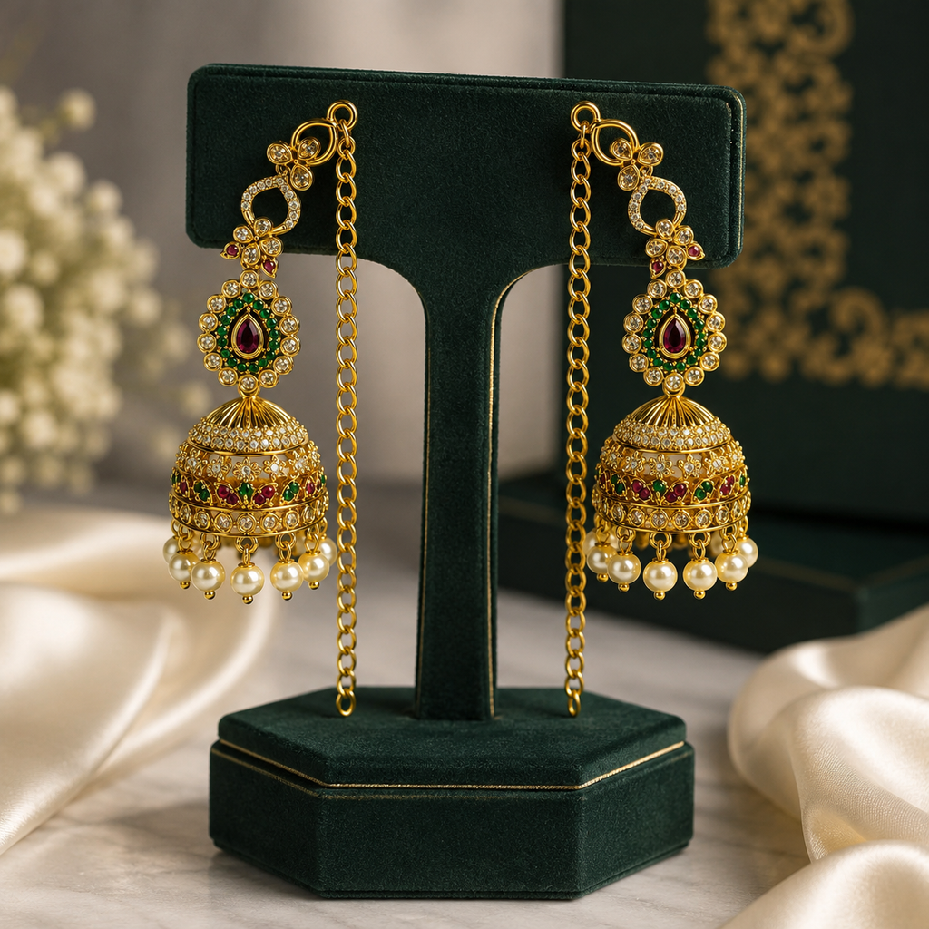 Antique Gold Kundan Pearl Jhumka Earrings with Sahara Ear Chain