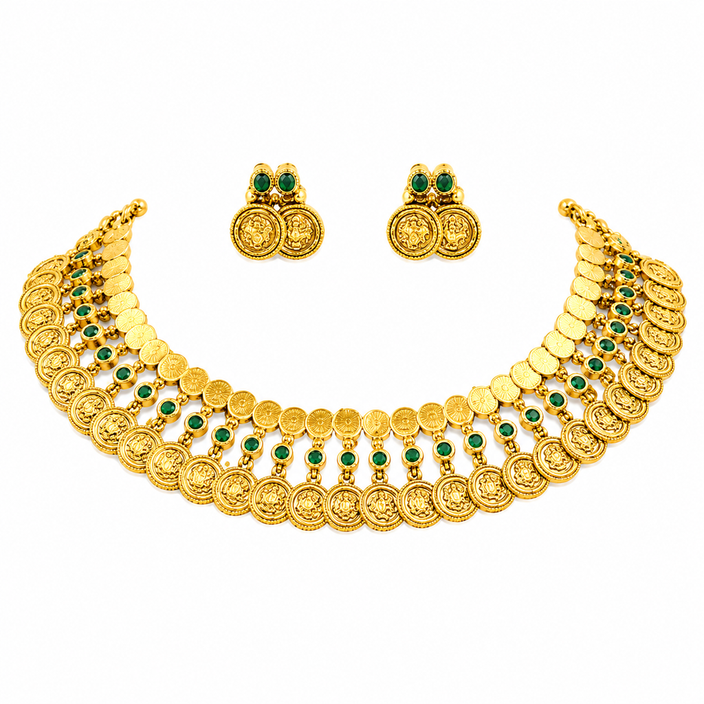 Traditional Temple Design Coin Motif Gold-Toned Necklace Set with Earrings