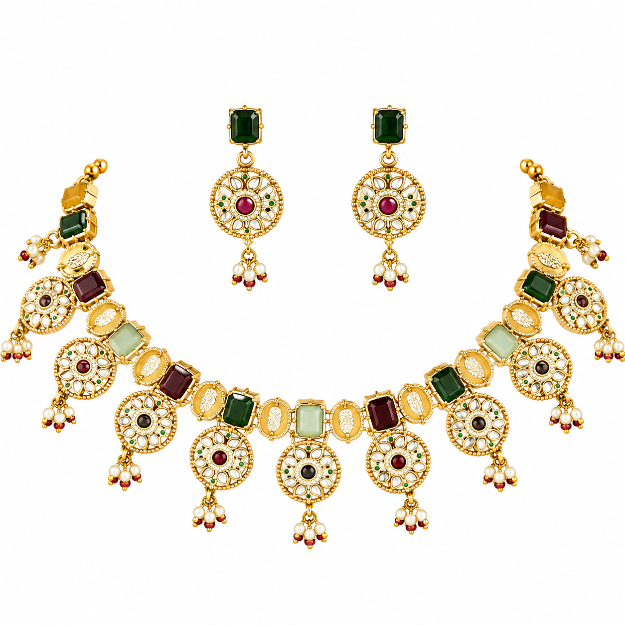 Traditional Kundan Navratna-Inspired Choker Necklace and Earrings Set