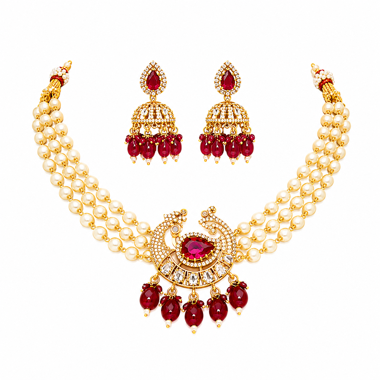 Traditional Peacock Pearl Necklace Set with Jhumka Earrings