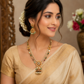 Vintage Floral Pendant Necklace Set with Jhumka Earrings, Gold-Tone, Multi-Color Stones