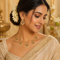 Traditional Gold-Tone Necklace Set with White Pearl Drop Earrings