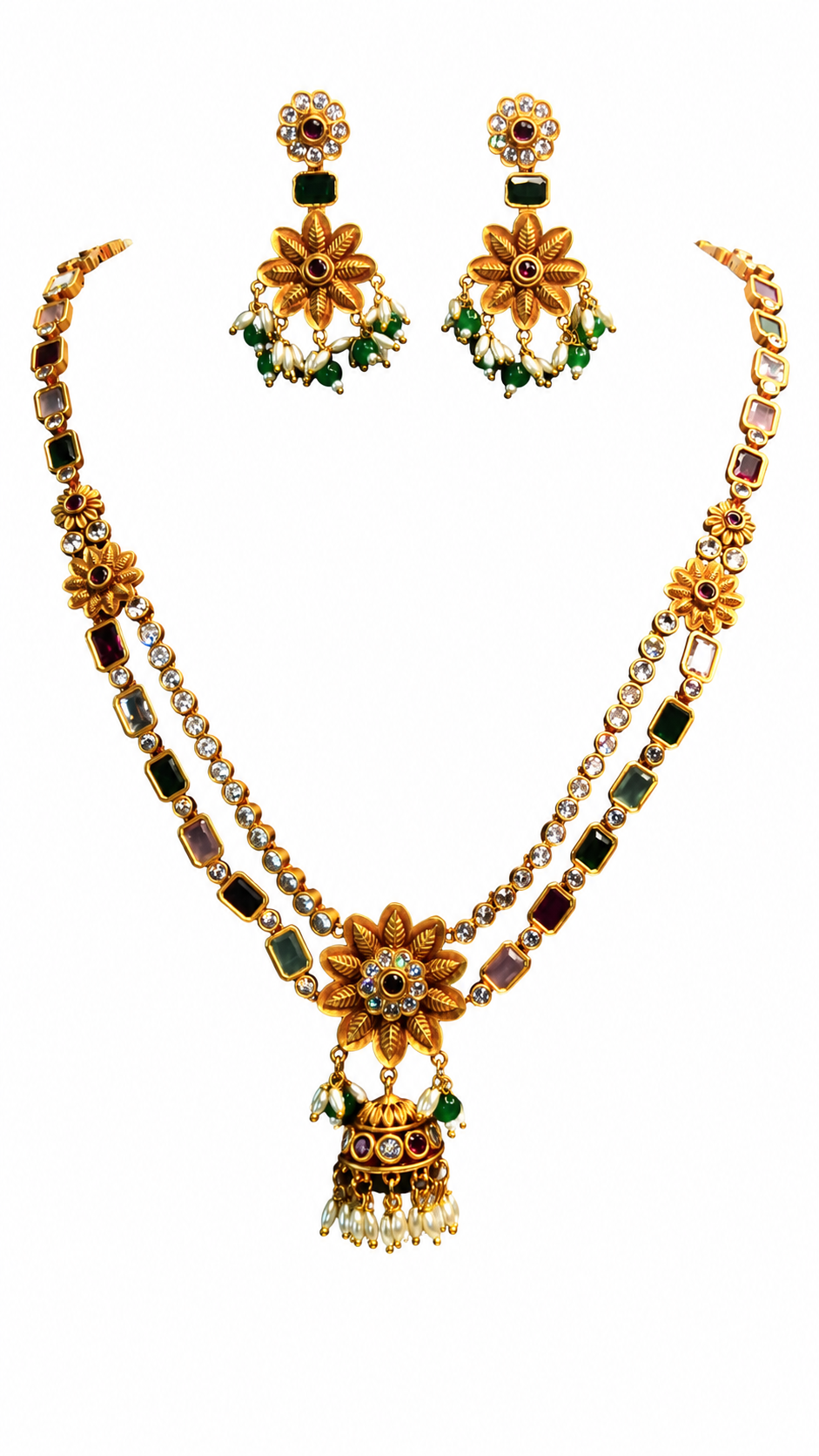 Vintage Floral Pendant Necklace Set with Jhumka Earrings, Gold-Tone, Multi-Color Stones