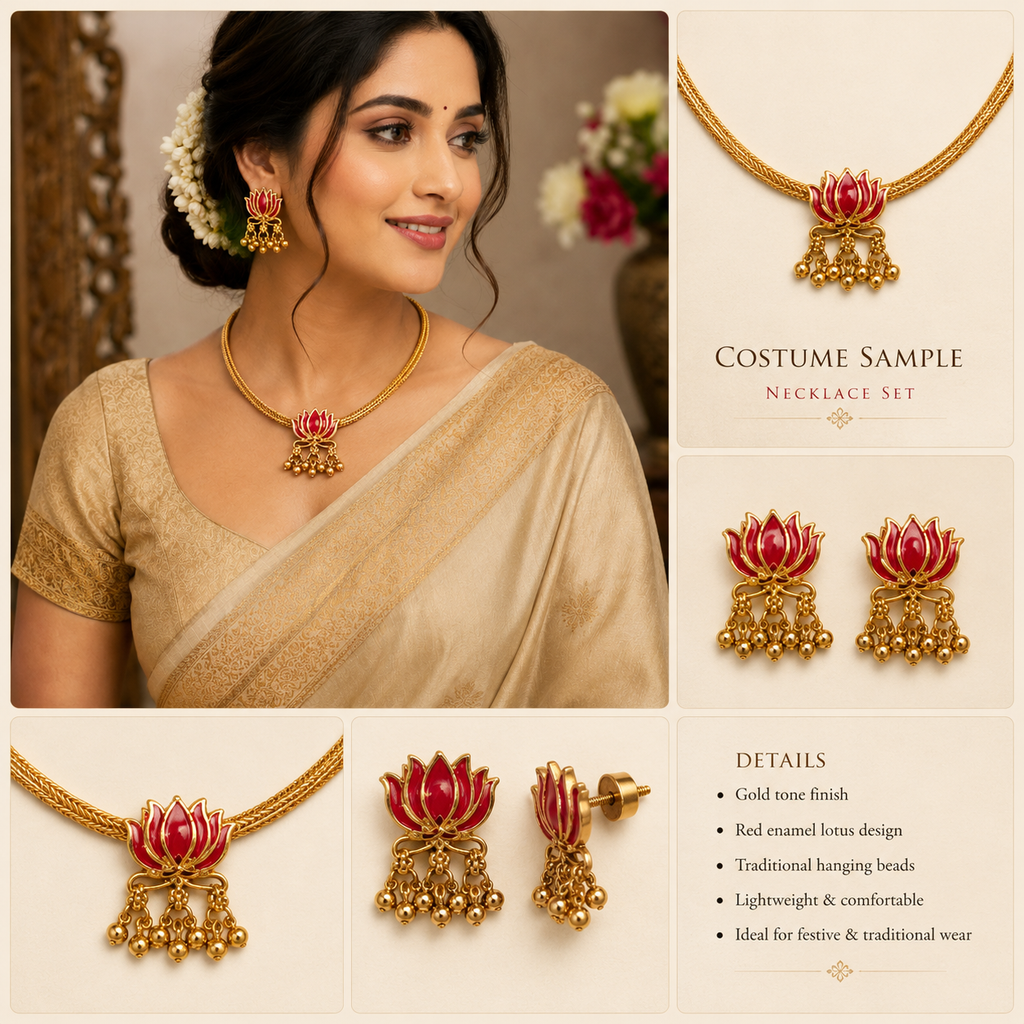 Traditional Red Enamel Lotus Motif Necklace and Earring Set, Gold Tone