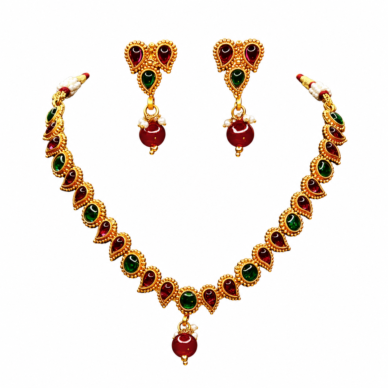 Antique Ruby & Emerald Teardrop Traditional Necklace Set