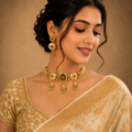 Traditional Indian Meenakari Lotus Motif Choker Necklace & Earring Set