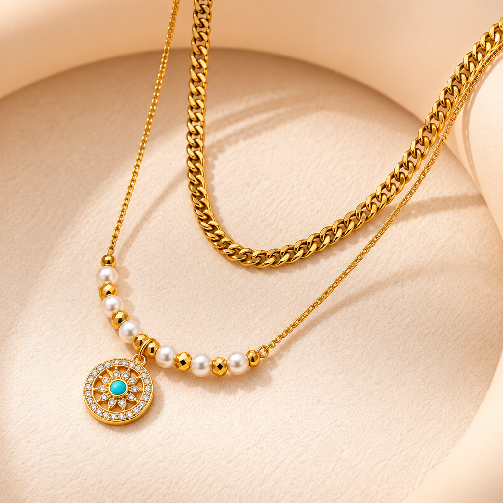 Royal Turquoise Pearl Medallion Layered Anti-Tarnish Gold Necklace