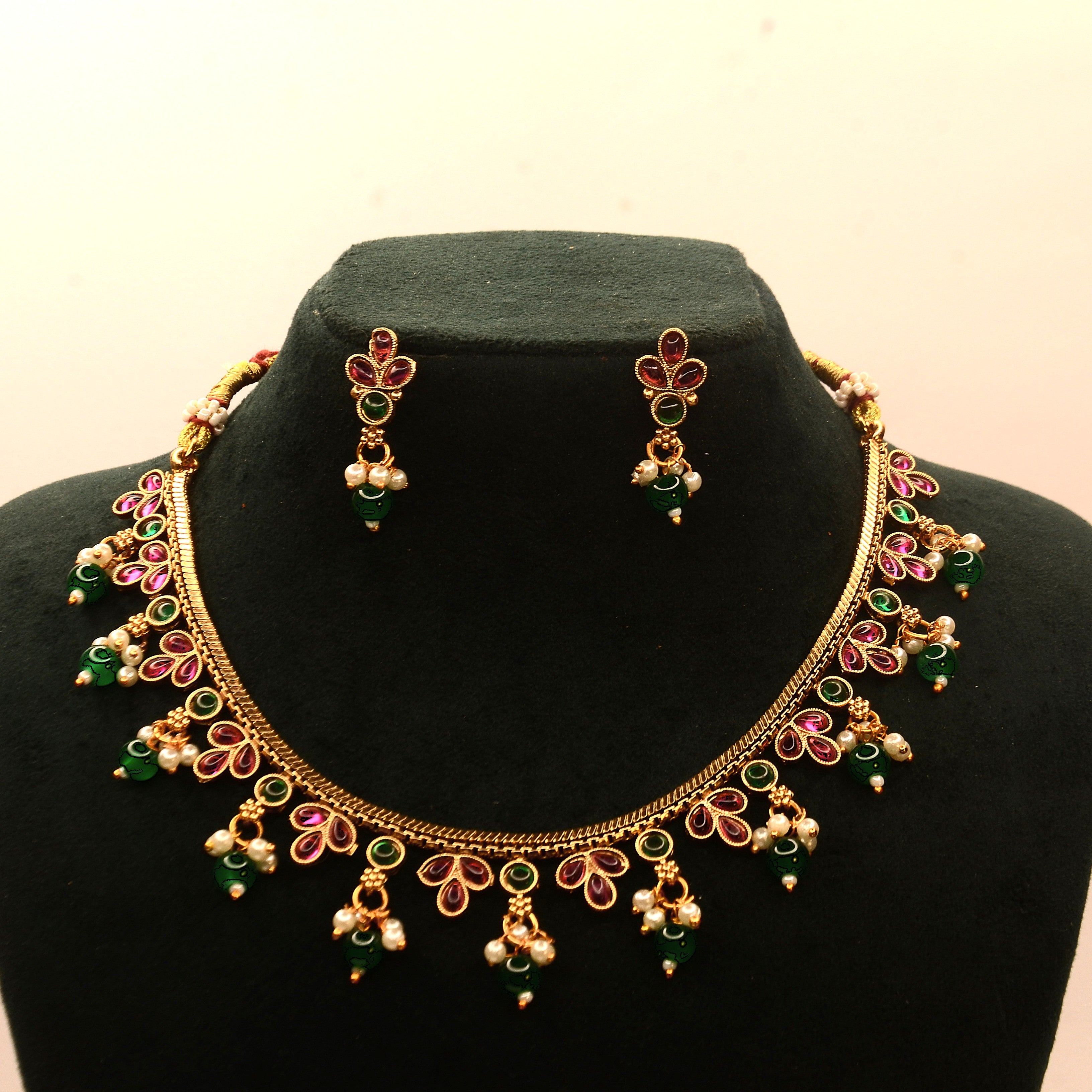 Ruby Emerald Floral Charm Traditional Necklace Set
