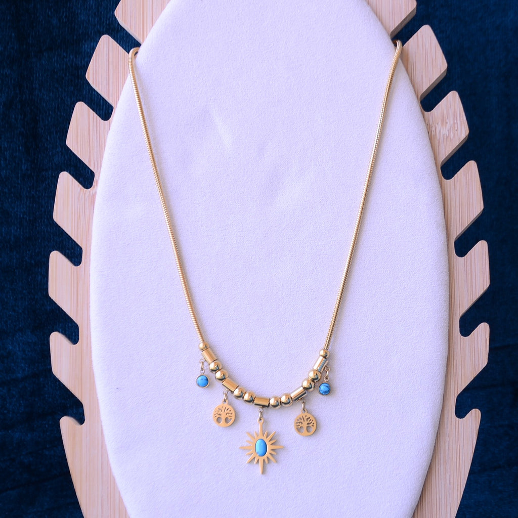 Gold-Plated Sun & Tree of Life Charm Necklace with Turquoise Accents