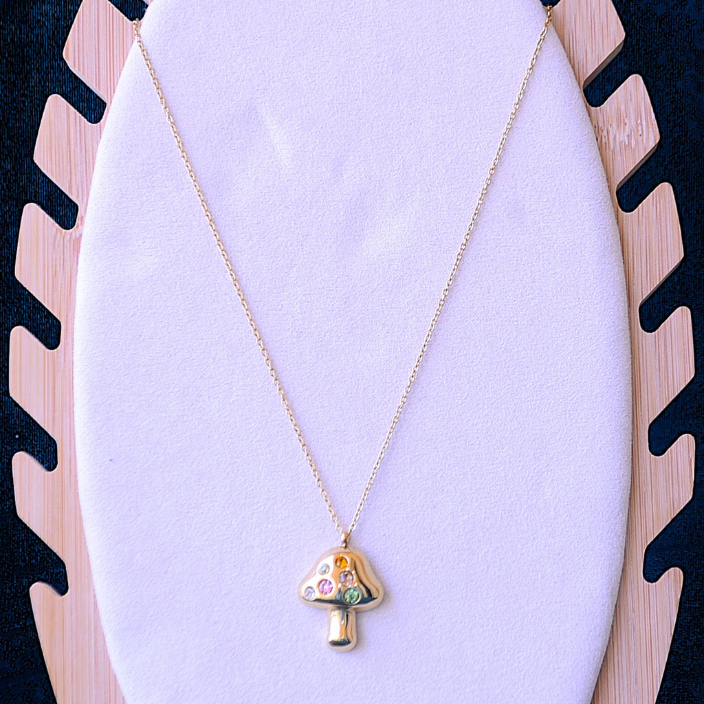 Mushroom Pendant Necklace In Titanium Steel With 18K Real Gold Plated