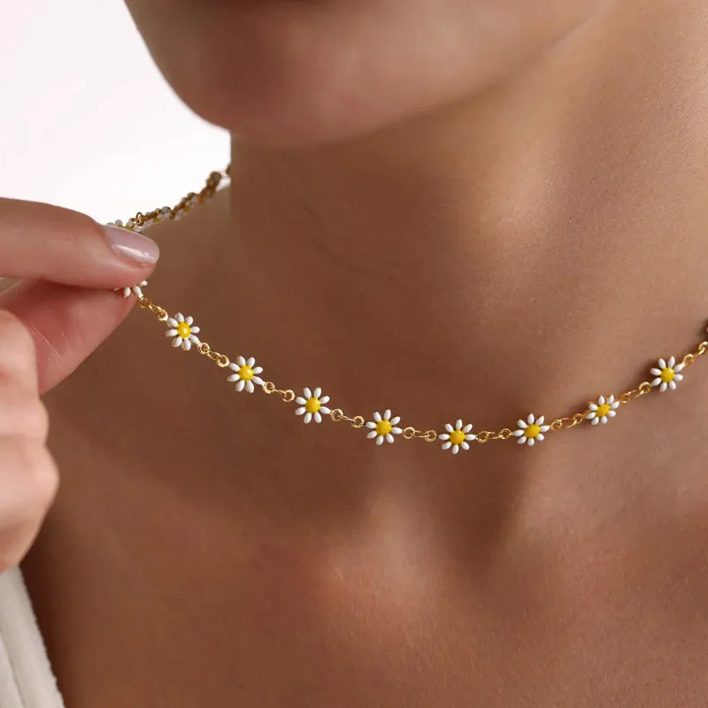 Daisy Flower Enamel Station Necklace