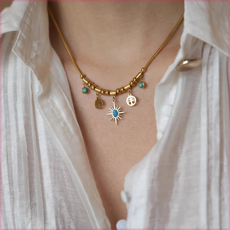 Gold-Plated Sun & Tree of Life Charm Necklace with Turquoise Accents