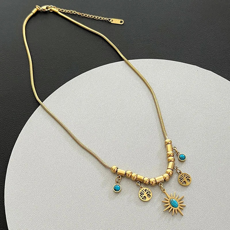 Gold-Plated Sun & Tree of Life Charm Necklace with Turquoise Accents