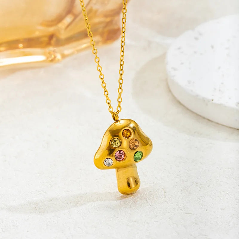 Mushroom Pendant Necklace In Titanium Steel With 18K Real Gold Plated