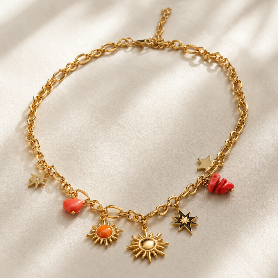 Aurora Gold-Toned Charm Necklace with Sun, Star & Heart Pendants