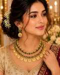 Traditional Gold-Toned Necklace Set with Green Stones & Coin Pendants, Matching Earrings