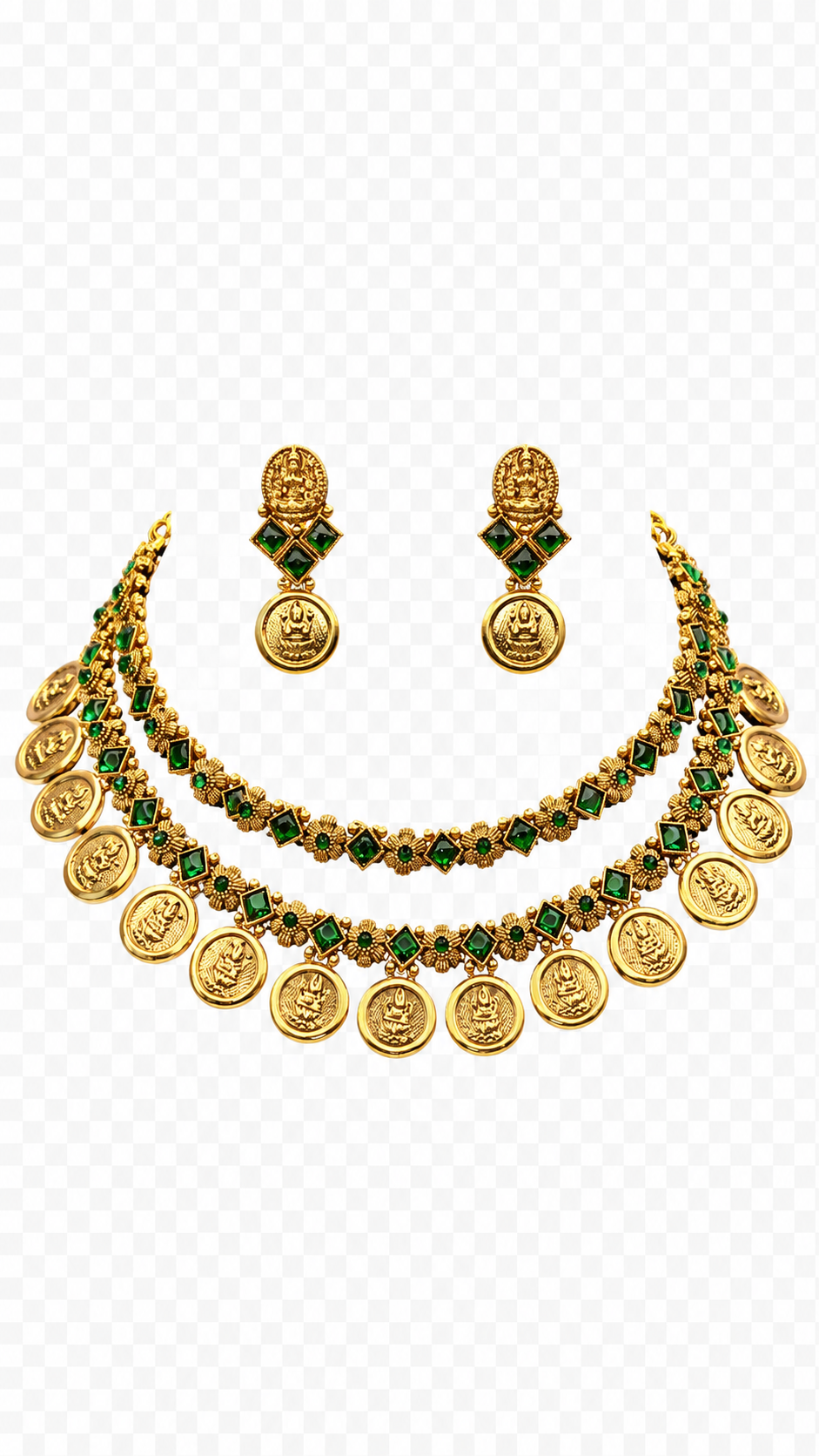 Traditional Gold-Toned Necklace Set with Green Stones & Coin Pendants, Matching Earrings