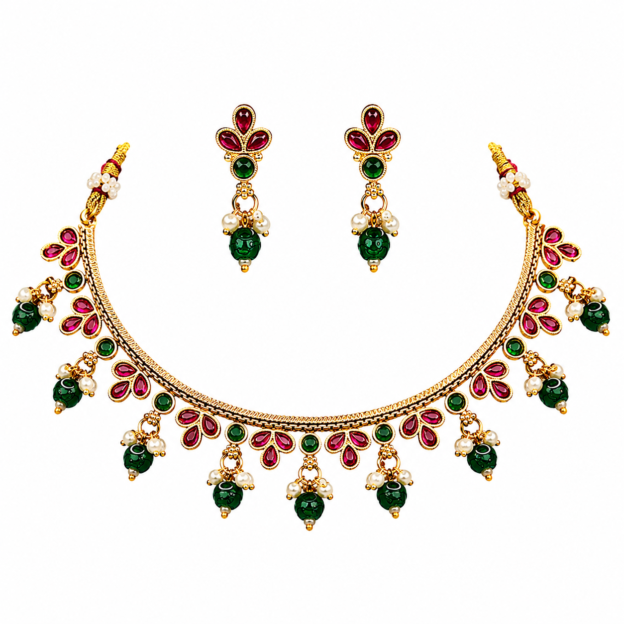 Ruby Emerald Floral Charm Traditional Necklace Set