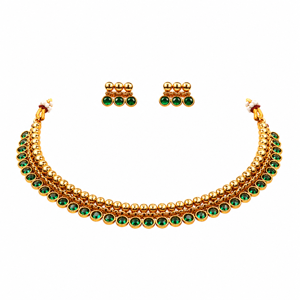 Traditional Gold-Toned Necklace Set with Green Accents and Matching Earrings