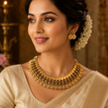 Traditional Temple Design Coin Motif Gold-Toned Necklace Set with Earrings