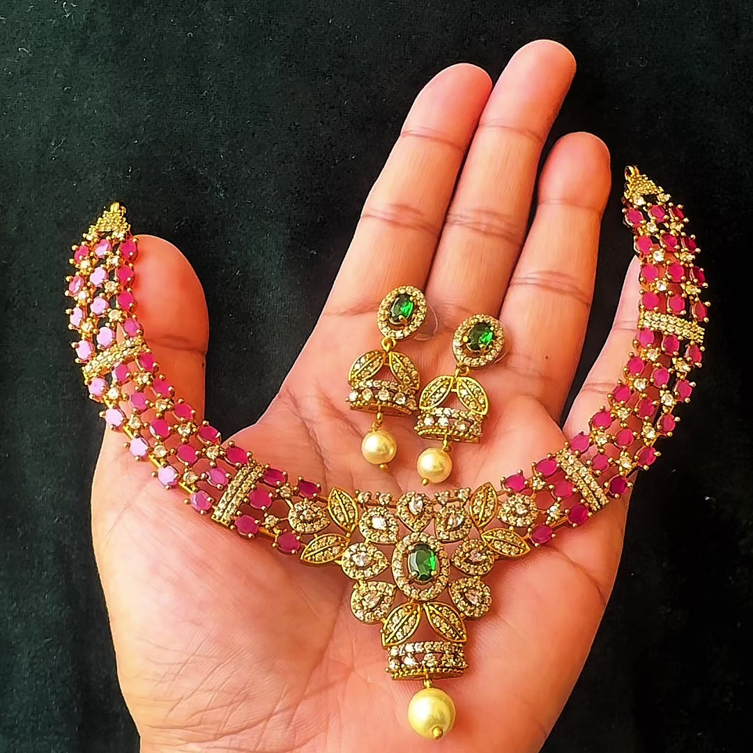Premium South Indian Ruby Stone Necklace Set with Emerald Center Pendant & Pearl Drops