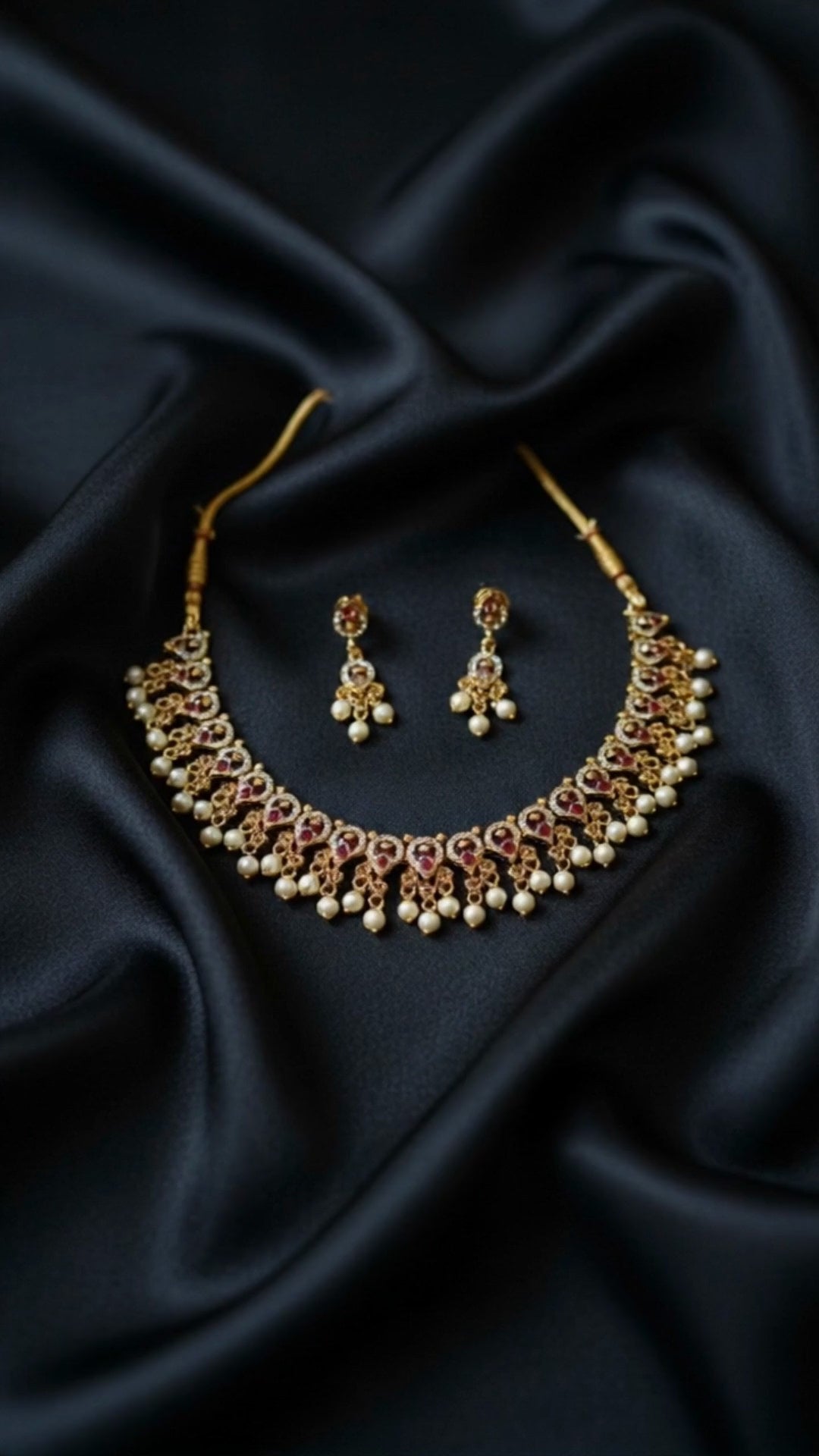 Traditional Ruby CZ Pearl Choker Necklace Set with Matching Earrings